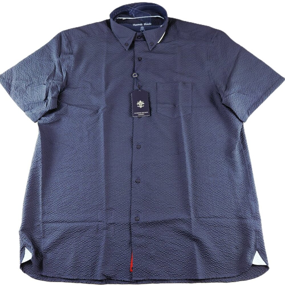 Luchiano Visconti Short Sleeve Button Down Shirt Men's XL Navy Blue Seersucker